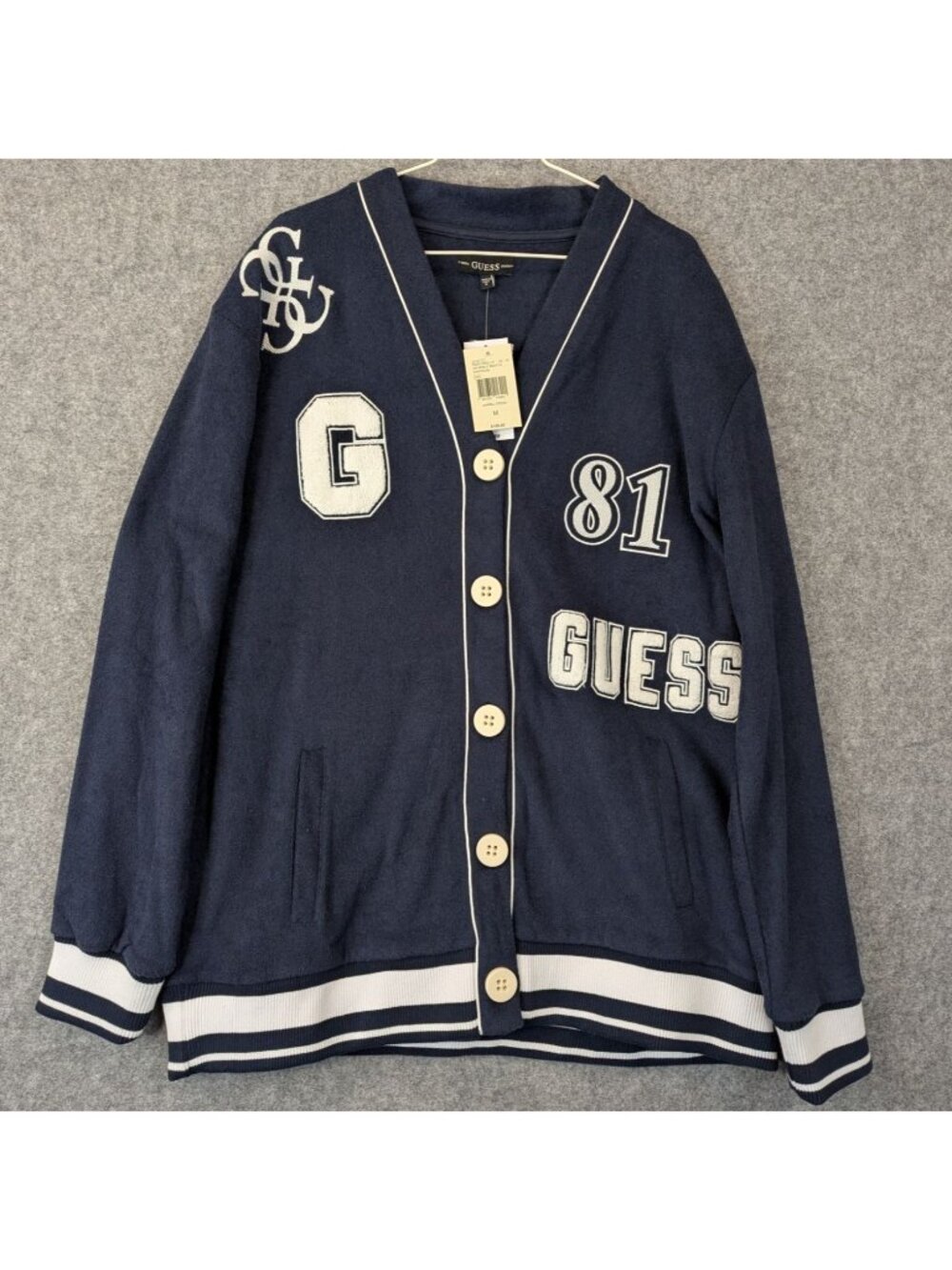 GUESS Womens Medium Navy Blue Fleece Varsity Cardigan Raquelle Button NWT - Picture 2 of 8